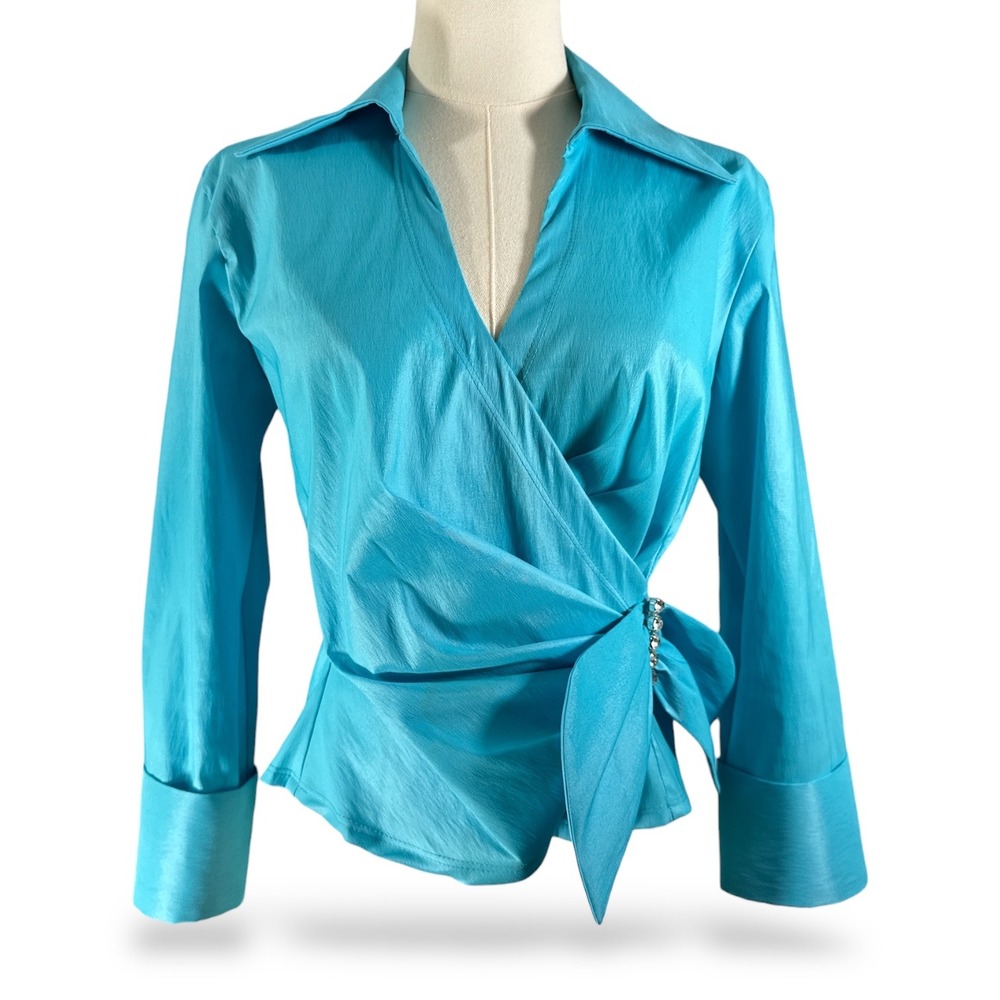 U3 Collection Wm Turquoise Blue Taffeta Wrap Cropped Jacket Rhinestone Brooch S